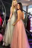 A-Line V-Neck Tulle Backless Prom Dress with Sequins Appliques PG655 - Pgmdress