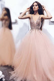 A-Line V-Neck Tulle Backless Prom Dress with Sequins Appliques PG655 - Pgmdress