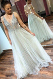 A-Line V-Neck Tulle Backless Prom Dress with Sequins Appliques PG655 - Pgmdress