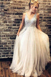 A-Line V-Neck Tulle Backless Prom Dress with Sequins Appliques PG655 - Pgmdress