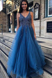 A-Line V-Neck Tulle Backless Prom Dress with Sequins Appliques PG655