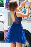 A Line V Neck Tulle Beaded Royal Blue Homecoming Dresses with Appliques PD261 - Pgmdress