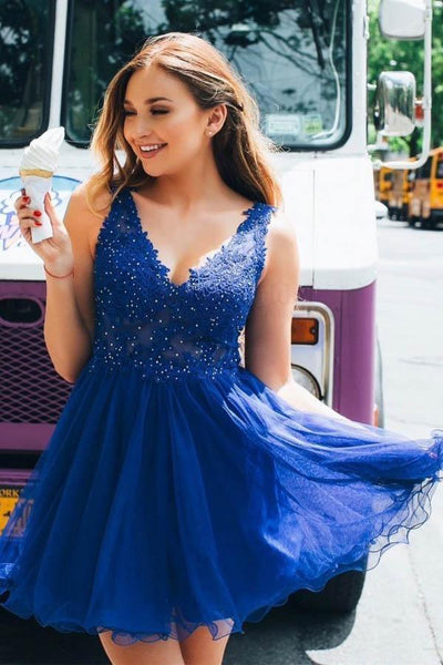 A Line V Neck Tulle Beaded Royal Blue Homecoming Dresses with Appliques PD261 Custom Size / As Picture A Line V Neck Tulle Beaded Royal Blue Homecoming Dresses with Appliques PD261 Custom Size / As Picture