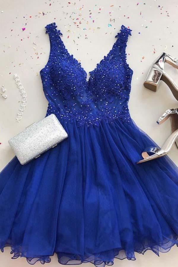 A Line V Neck Tulle Beaded Royal Blue Homecoming Dresses with Appliques PD261 - Pgmdress