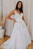 A-line V Neck Tulle Lace Appliques Romantic Wedding Dress Bridal Gown WD480 - Pgmdress