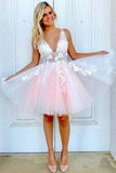 A-line V Neck Tulle Short Pink and White Homecoming Dress Short Prom Dress   PD350