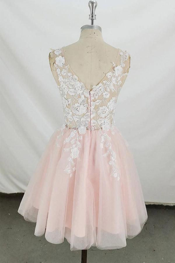 A-line V Neck Tulle Short Pink and White Homecoming Dress Short Prom Dress PD350 - Pgmdress