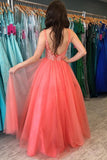 A-line V neck Watermelon Rustic Prom Dresses With Lace Prom Gowns PSK216 - Pgmdress