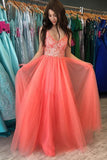 A-line V neck Watermelon Rustic Prom Dresses With Lace Prom Gowns PSK216 - Pgmdress