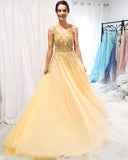 A-line V neck Yellow Sparkly Long Prom Dresses Gorgeous Formal Dresses PSK026 - Pgmdress