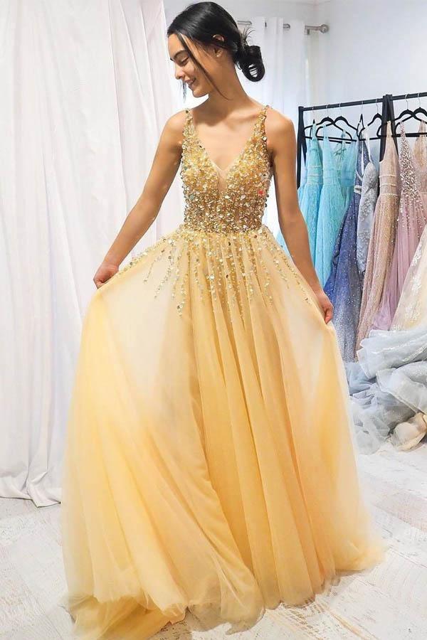 A-line V neck Yellow Sparkly Long Prom Dresses Gorgeous Formal Dresses PSK026 - Pgmdress