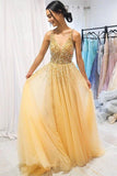 A-line V neck Yellow Sparkly Long Prom Dresses Gorgeous Formal Dresses PSK026