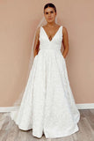 A Line V Neckline Floral Lace Illustion Back Court Train Wedding Dress WD489 - Pgmdress