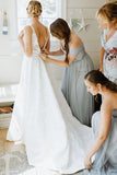 A Line V Neckline Floral Lace  Illustion Back Court Train Wedding Dress WD489