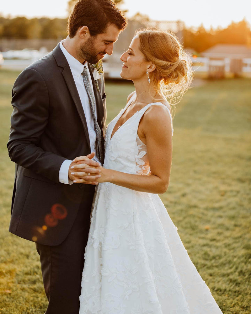 A Line V Neckline Floral Lace Illustion Back Court Train Wedding Dress WD489 - Pgmdress