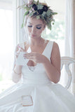 A Line V Neckline Pleated Waistband Simple Satin Wedding Bridal Dress WD482 - Pgmdress