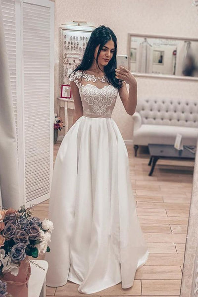 A Line Vintage Lace Bodice Bateau Corset Back Satin Wedding Dress US4 / As Picture A Line Vintage Lace Bodice Bateau Corset Back Satin Wedding Dress US4 / As Picture