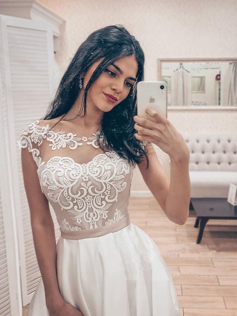 A Line Vintage Lace Bodice Bateau Corset Back Satin Wedding Dress WD523 - Pgmdress