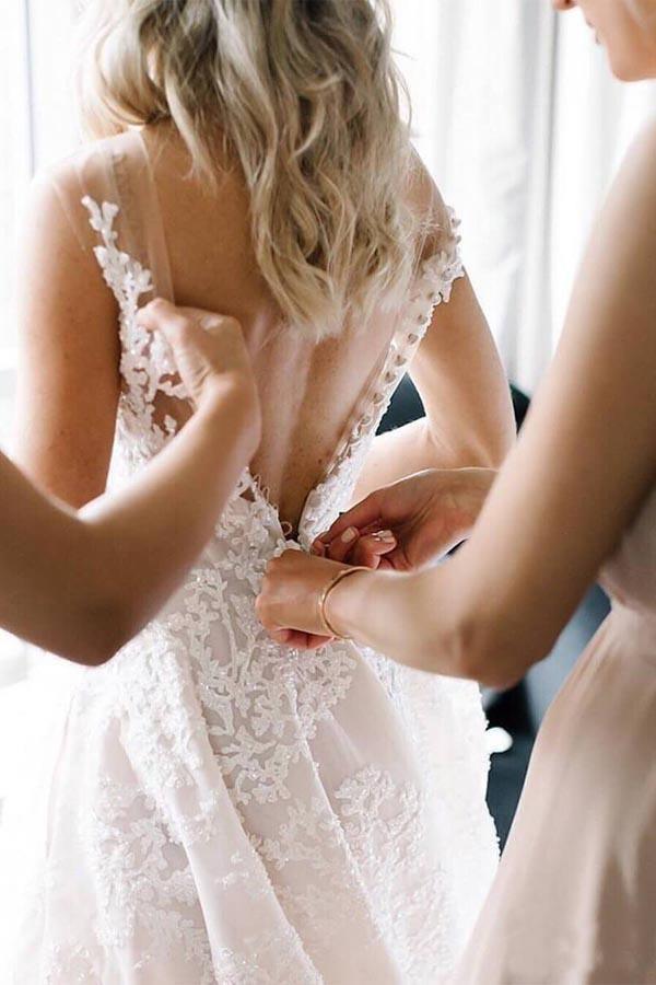 A-line Vintage Lace Wedding Gowns Illusion Neck Wedding Dresses WD318 - Pgmdress