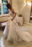 A-line Vintage Rustic Wedding Dresses V Neck Beaded Lace Bridal Gown WD351 - Pgmdress