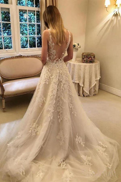 A line Vintage Rustic Wedding Dresses V Neck Beaded Lace Bridal