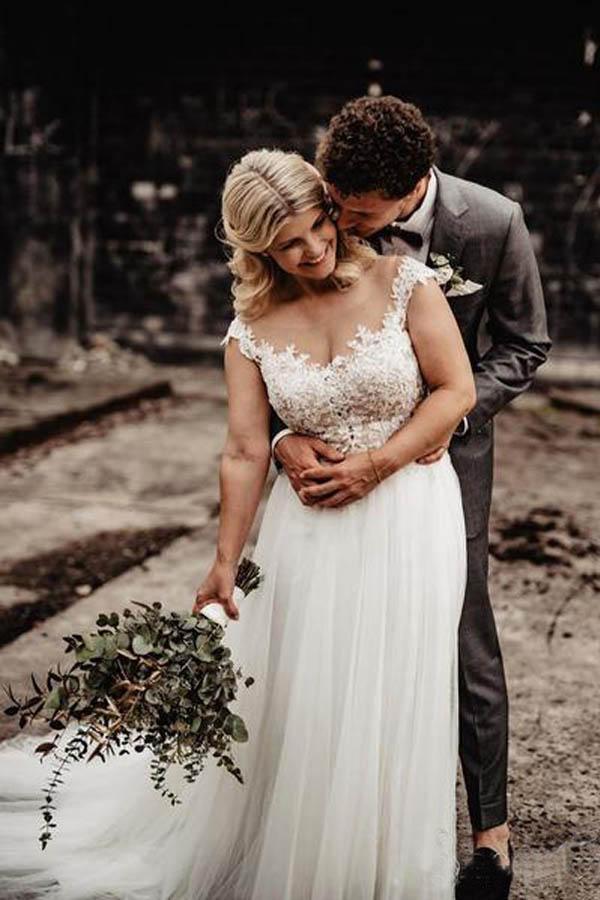 A-Line Wedding Gown with Illusion Neck With Back Lace Appliqued WD441 - Pgmdress