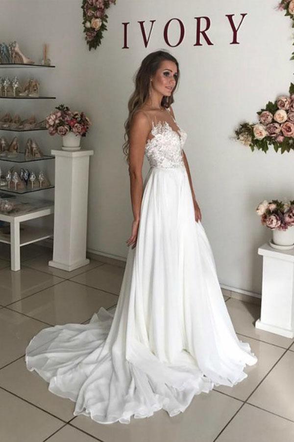 A-Line White Chiffon Appliques See Through Boho Wedding Dress WD344 - Pgmdress