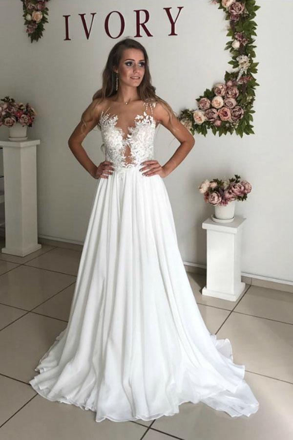 A-Line White Chiffon Appliques See Through Boho Wedding Dress WD344 - Pgmdress