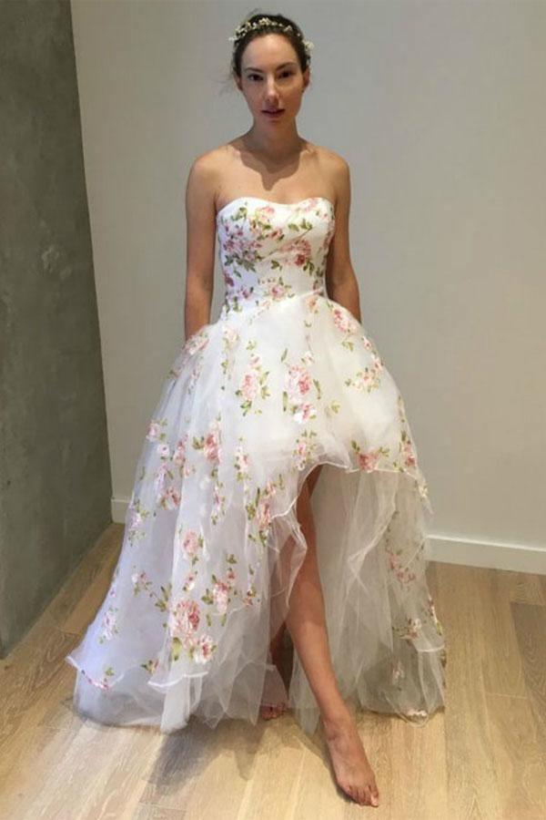 A-Line White High Low Strapless Tulle Appliques Prom Dress PG913 - Pgmdress