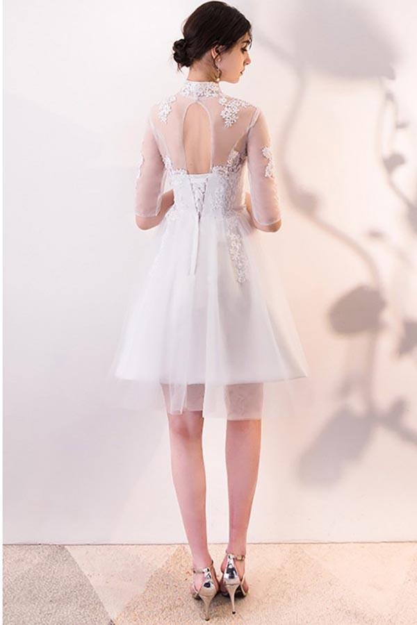 A-line White Lace and Tulle Homecoming Dresses Party Dress with Sleeves PD062 - Pgmdress