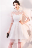 A-line White Lace and Tulle Homecoming Dresses Party Dress with Sleeves PD062