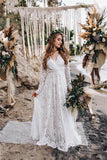 A-Line White Lace Floor-Length Wedding Dress With Long Sleeves WD542 - Pgmdress