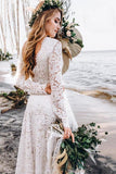 A-Line White Lace Floor-Length Wedding Dress With Long Sleeves WD542 - Pgmdress