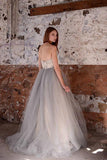 A-line White Lace Grey Tulle Strapless Sweetheart Neck Wedding Dress WD071 - Pgmdress