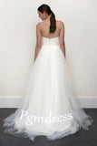A-line White Lace Grey Tulle Strapless Sweetheart Neck Wedding Dress WD071 - Pgmdress