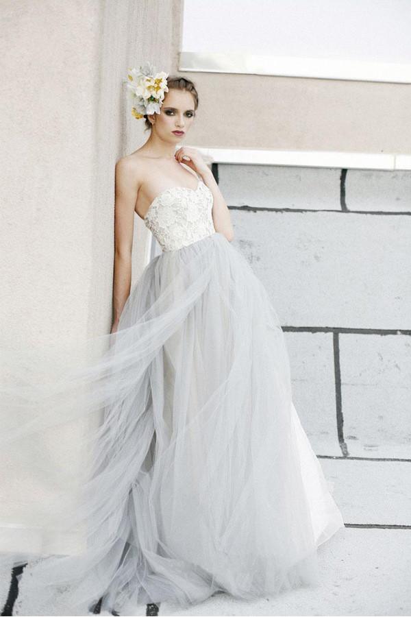 A-line White Lace Grey Tulle Strapless Sweetheart Neck Wedding Dress WD071 - Pgmdress