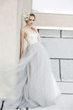 A-line White Lace  Grey Tulle Strapless Sweetheart Neck Wedding Dress WD071