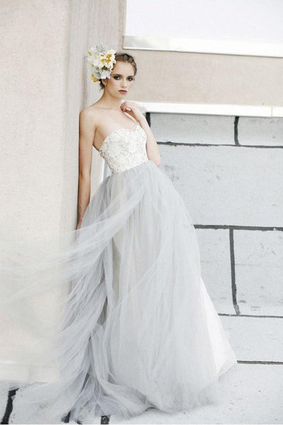 A-line White Grey Tulle Strapless Sweetheart Wedding Dress WD071 US6 / White A-line White Grey Tulle Strapless Sweetheart Wedding Dress WD071 US6 / White