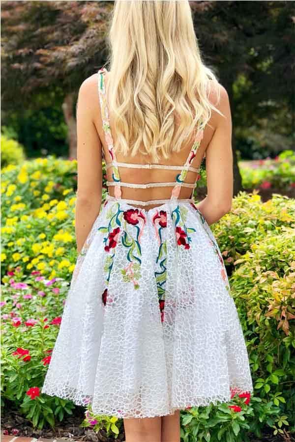 A-line White Short Prom Dress Homecoming Dress with Floral PD248 - Pgmdress
