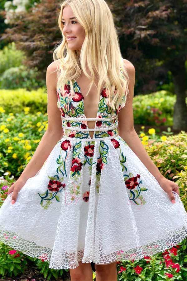 A-line White Short Prom Dress Homecoming Dress with Floral PD248 - Pgmdress