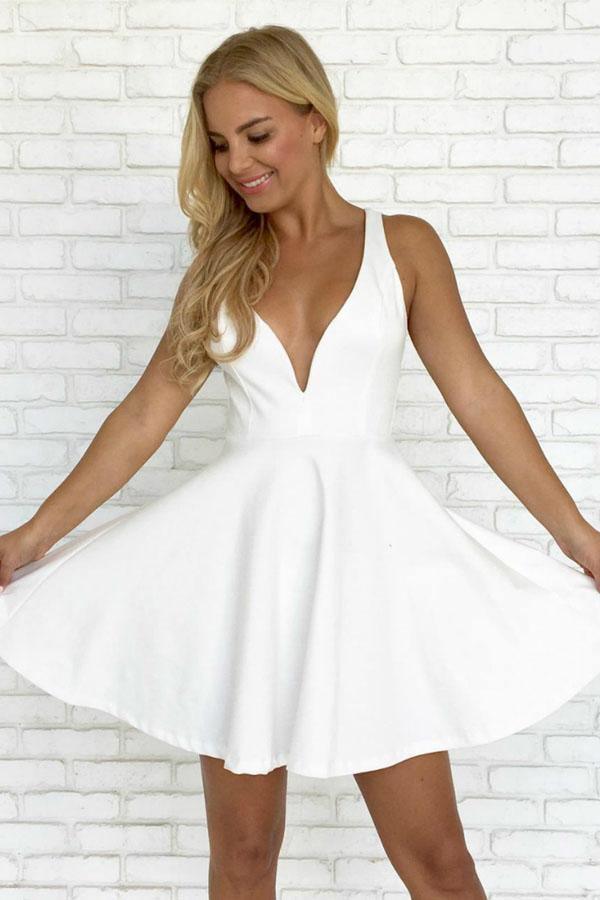 A-line White Straps Satin Backless Short Prom Dress Homecoming Dress PD286 - Pgmdress