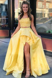 A-Line Yellow Satin Lace Straps Two Piece Prom Dress With Split  PM230