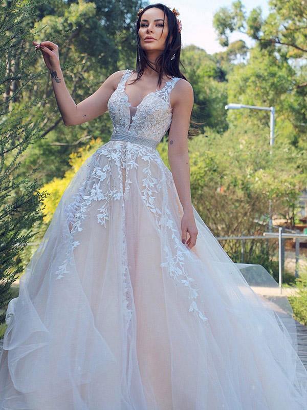 Gorgeous Long Sleeve Elegant Long See Through Lace Tulle Wedding Dresses, WD0093