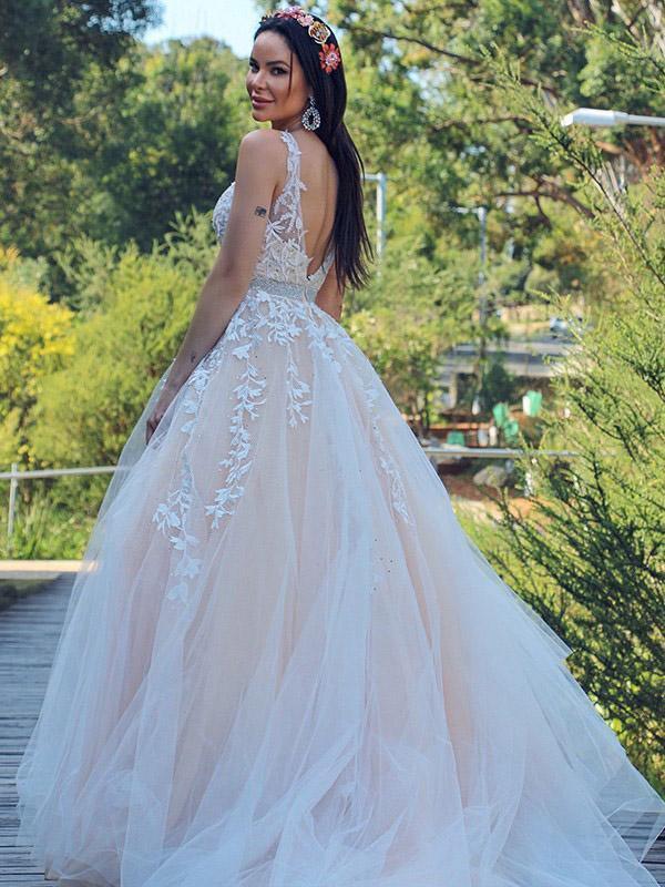 pgmdress A-Line/Princess Applique Tulle Sleeveless V-Neck Sweep Train Dresses US6 / Custom Color