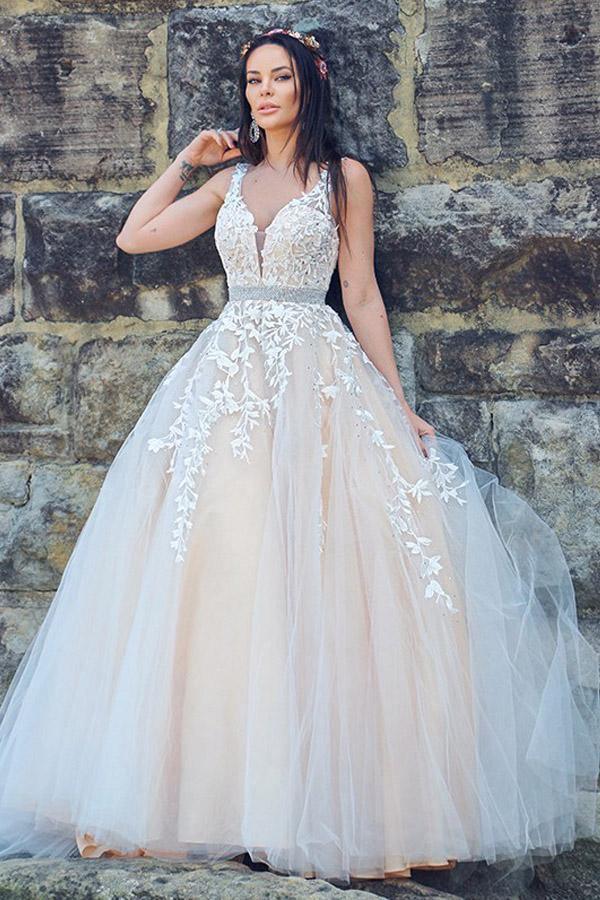 A-Line/Princess Applique Tulle Sleeveless V-neck Sweep Train Dresses WD537 - Pgmdress