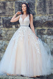 A-Line/Princess Applique Tulle Sleeveless V-neck Sweep Train Dresses WD537 - Pgmdress