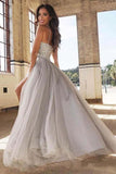 A-line/Princess Sweetheart Neck Silver Tulle Long Prom Dresses PG782 - Pgmdress