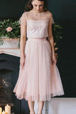 A-Line/Princess Tulle Short Sleeves Scoop Tea-Length Two Piece Dresses  PD412