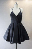 A Live V Neck Satin Short Black Prom Dress Homecoming Dresses PD156 - Pgmdress