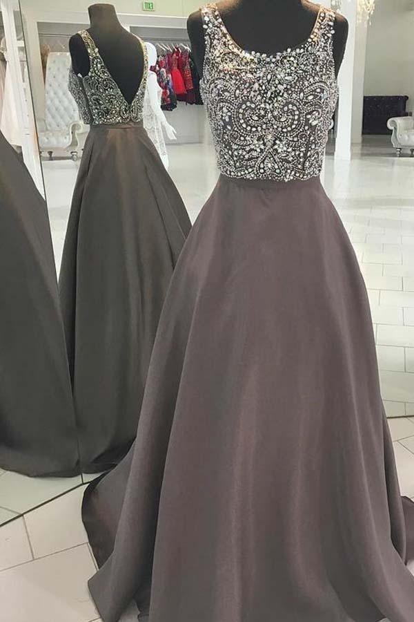 Backless Grey Beaded V Neck A-line Long Evening Prom Dresses PG578 - Pgmdress